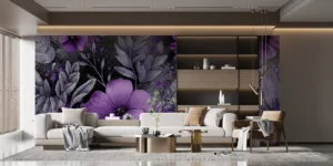 Elegant floral pattern mural with purple flowers and dark leaves.||