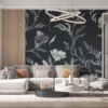 Detailed monochromatic floral design on a dark gray background||