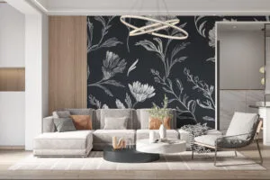 Detailed monochromatic floral design on a dark gray background