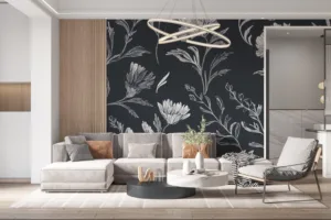 Detailed monochromatic floral design on a dark gray background||