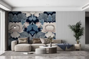 Elegant floral pattern wallpaper mural with blue|pink|and cream colors.