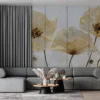 Artistic representation of golden poppies on a minimalistic background.||