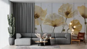 Artistic representation of golden poppies on a minimalistic background.||