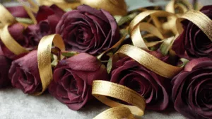 Alternative view of Elegant Intertwine of Burgundy Roses and Golden Ribbons Wall Mural