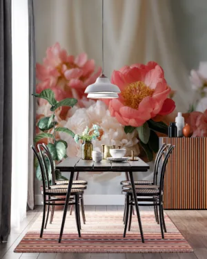 Beautiful arrangement of pink and coral peonies in a serene indoor setting||