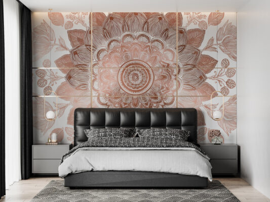 Elegant rose gold floral mandala design on a white background