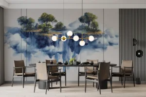 Fantastical landscape with floating islands and waterfalls||