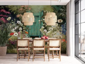 Serene garden with colorful flowers and wooden gate||