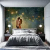 A romantic garden scene with two figures dancing under string lights.||