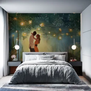 A romantic garden scene with two figures dancing under string lights.||