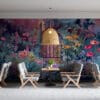 Vibrant garden scene with colorful flowers and lush greenery