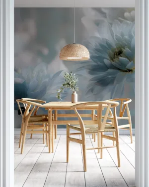 Soft and dreamy composition of blue and white flowers in a tranquil setting.||
