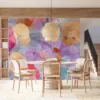 Abstract mural of colorful flower shapes in pink|purple|orange