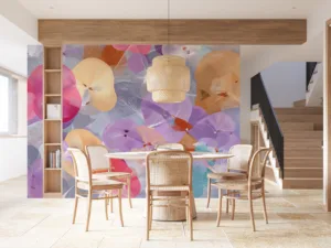Abstract mural of colorful flower shapes in pink|purple|orange