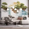 A fantastical floating island with waterfalls and lush greenery.||