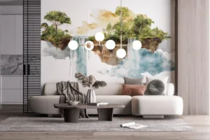 A fantastical floating island with waterfalls and lush greenery.||