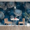 Abstract floral design with white outlines on deep blue background