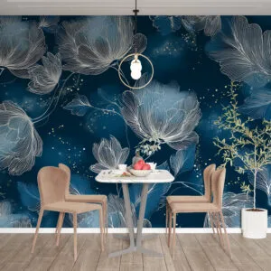 Abstract floral design with white outlines on deep blue background