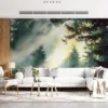 Serene forest scene with sunlight and fog||