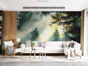Serene forest scene with sunlight and fog||