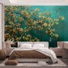 Abstract wallpaper mural featuring golden blossoms on an emerald green background
