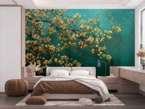 Abstract wallpaper mural featuring golden blossoms on an emerald green background