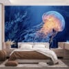 Jellyfish swimming underwater with glowing orange highlights in dark blue tones.