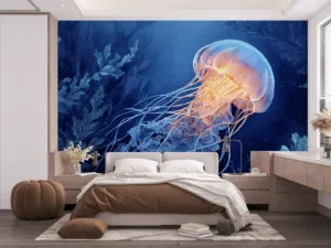 Jellyfish swimming underwater with glowing orange highlights in dark blue tones.||