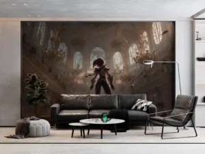 Fiora in a grand hall|poised for combat with a rapier|surrounded by elegance.