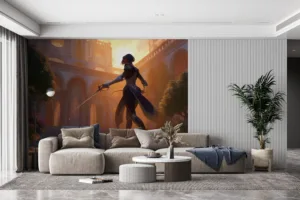 Fiora from League of Legends poised for a duel in a grand courtyard.||