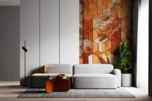 Abstract floral patterns in warm tones of orange|peach|and cream