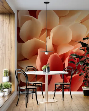 Close-up of layered petals in coral and beige tones||