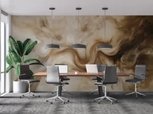 Abstract art with fluid patterns in warm beige and brown tones.||