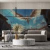 Galio soaring in a vibrant fantasy landscape with classical architecture and lush greenery.