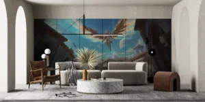 Galio soaring in a vibrant fantasy landscape with classical architecture and lush greenery.||