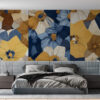 Abstract floral design with geometric shapes in yellow and blue.