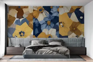 Abstract floral design with geometric shapes in yellow and blue.