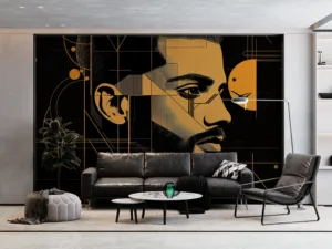 Abstract geometric art featuring a male profile with a beard in black|yellow|and white colors.