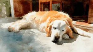 Alternative view of Golden Retriever Relaxing on a Porch Wall Mural