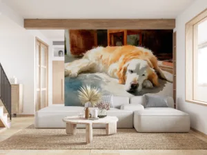 Golden retriever resting on a porch in a sunny setting||