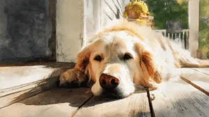 Alternative view of Golden Retriever Relaxing on Wooden Surface Wall Mural
