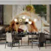 Golden retriever lying on wooden surface in serene outdoor setting||