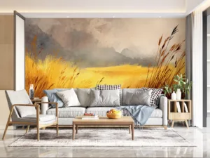 Serene golden wheat field swaying gently in the wind under a cloudy sky.||