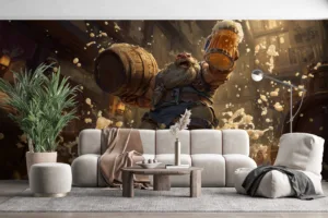 Gragas celebrating in a rustic tavern filled with barrels and patrons.||