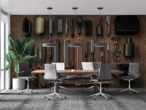 Flat lay of grooming tools including combs|brushes|clippers