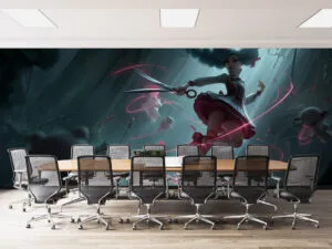 Gwen from League of Legends wielding large scissors in a mystical environment.
