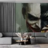 Split-face design featuring Batman and the Joker|highlighting their rivalry.|