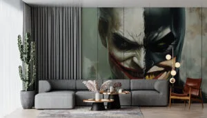 Split-face design featuring Batman and the Joker