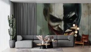 Split-face design featuring Batman and the Joker|highlighting their rivalry.|
