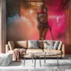 Harley Quinn walking through a neon-lit alley with graffiti||